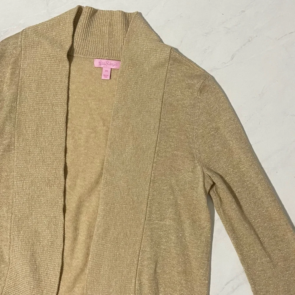 Lilly Pulitzer XS Gold Open Front Metallic Cardigan Holiday Christmas Party - Picture 3 of 7